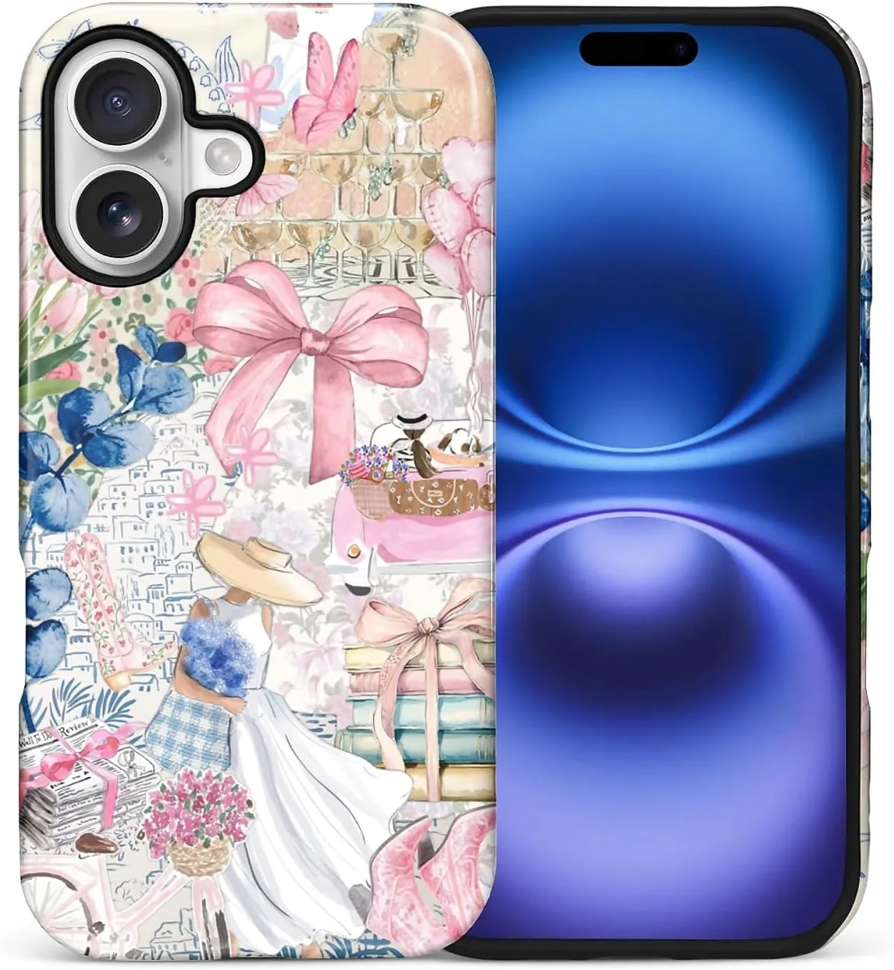 DAIZAG Case for iPhone 17,Mixed 2 Layer Design Shockproof Soft TPU Ddouble Protection Phone Case for iPhone 17-Magazine Books Flower Bow Collage
