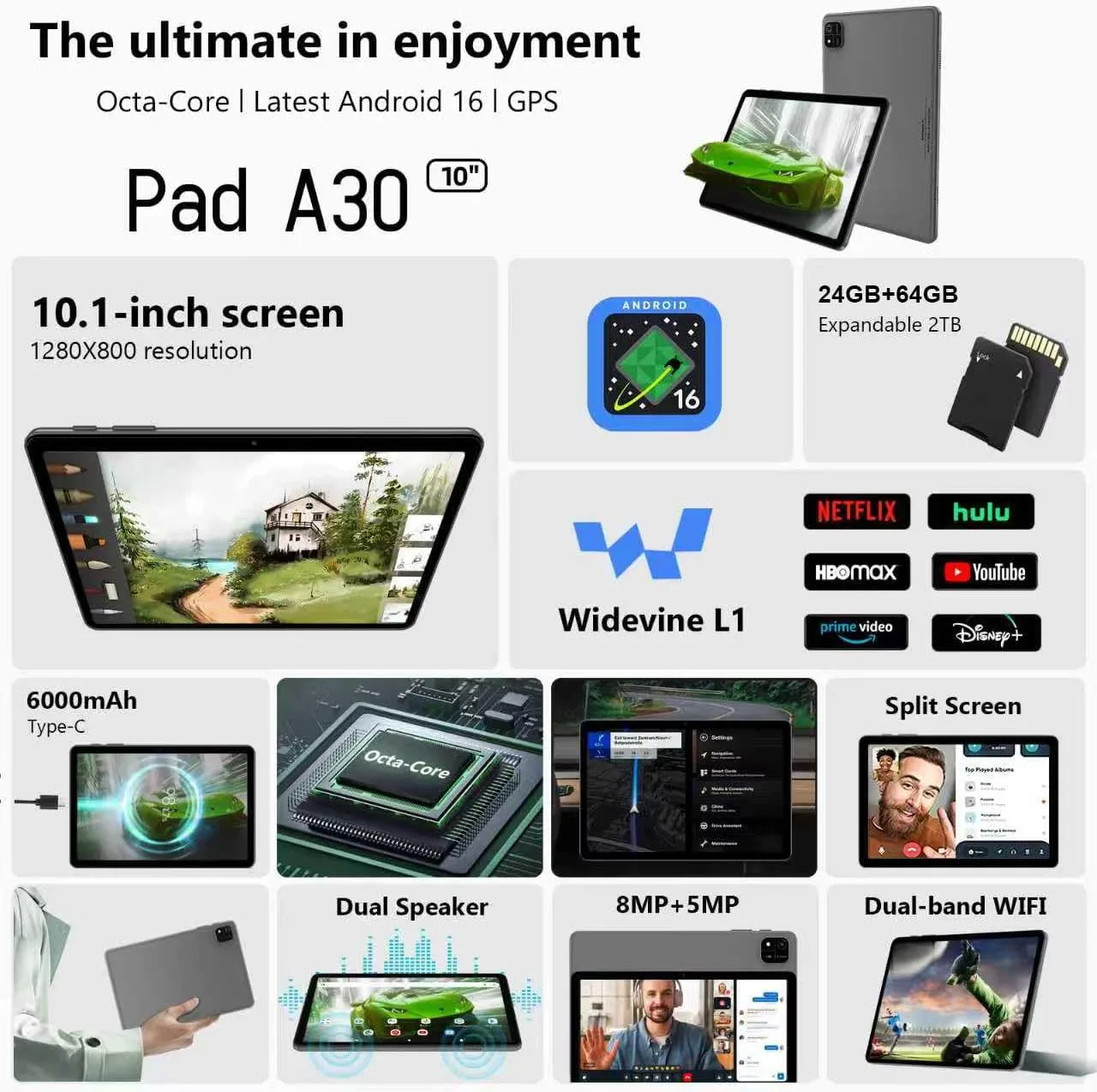 Android 16 Tablet, 10 Inch Tablet with Octa-Core, 24GB RAM 64GB ROM 2TB Expand, Gemini AI, 6000mAh, WiFi, GPS, Dual Camera, BT 5.0, 2 in 1 Tablets PC with Keyboard, Case, Mouse, Stylus (Brown)