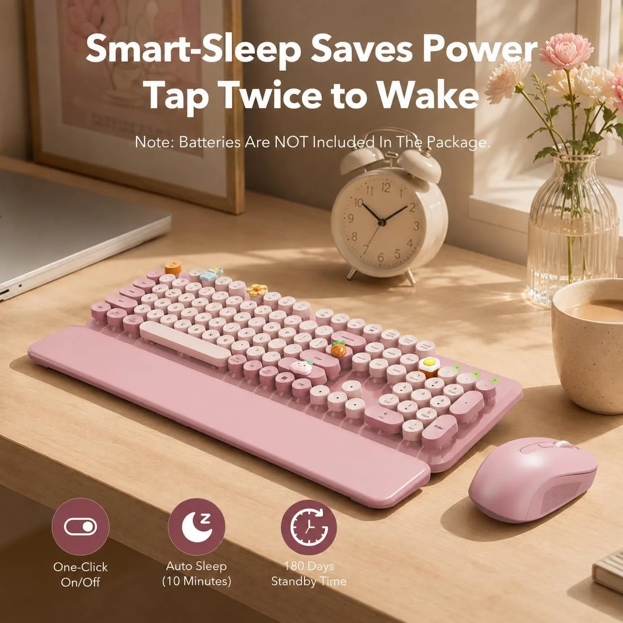 Wireless Keyboard and Mouse, Round Keycaps, Magnetic Wrist Rest, Dusty Rose