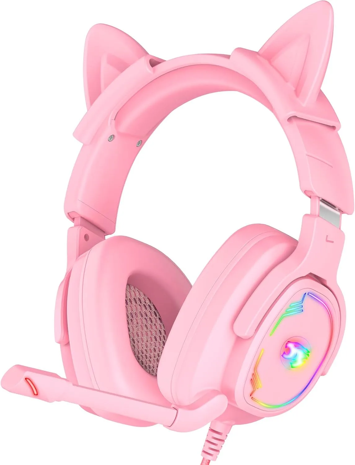 Jimonyer Gaming Headset with Microphone, 7.1 Surround Sound and Noise Canceling Over Ear Headphones for PC/PS4/PS5/Xbox Series/Switch, RGB Light and Soft Imitation Protein Earmuffs (PinkCat)
