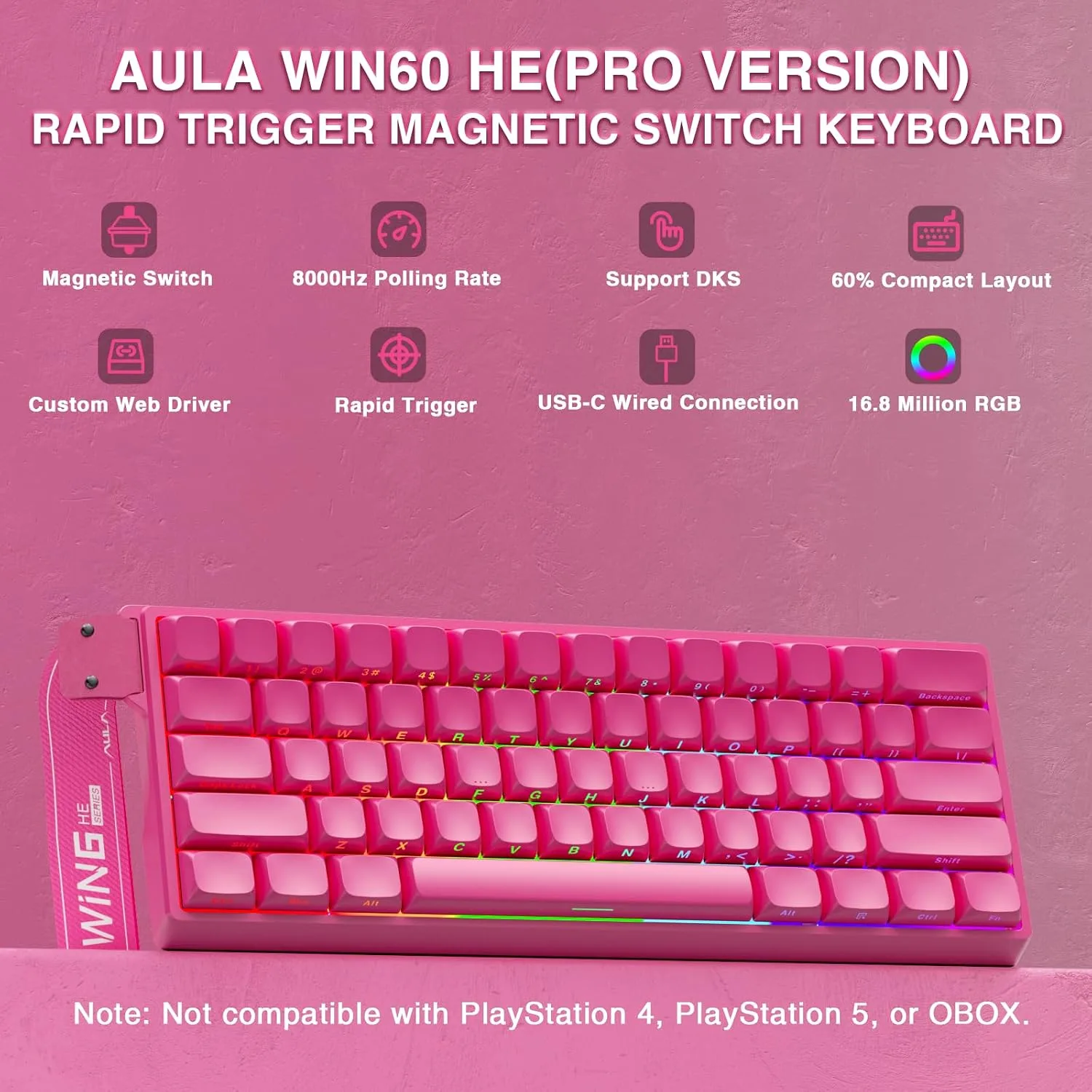 AULA WIN60 HE PRO 60% Mechanical Gaming Keyboard Wired, Magnetic Switch Hot Swappable, Adjustable Actuation Rapid Trigger Mode, 8000Hz Polling Rate, RGB Small Keyboard 60 Percent Compact Design for PC