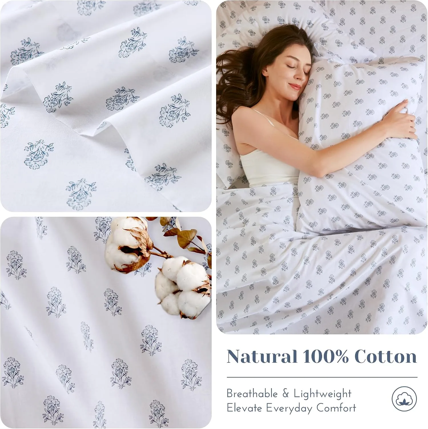 Comfort Spaces 100% Cotton Percale Sheets Twin Sheet Set 3 Pcs, Floral Blue