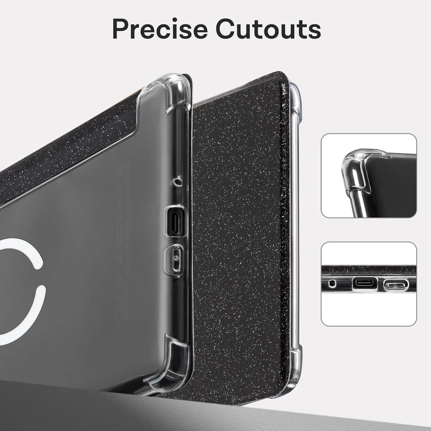 CoBak Magnetic Clear Case for 7" E-Reader - Compatible with iPhone MagSafe, for PopSockets Grips, for Belkin/Anker Wireless Charging Pads and Magnetic Stand,Black Glitter