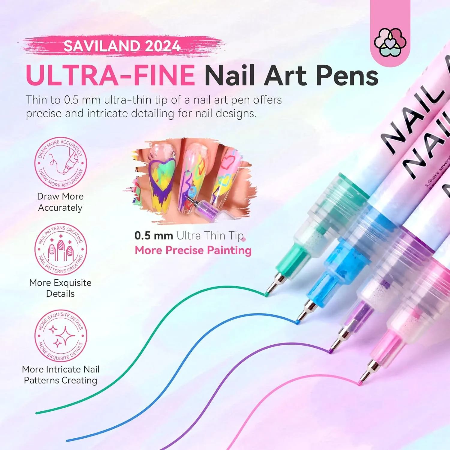 SAVILAND 12 Colors Nail Art Pens Set, 0.5mm Fine Tip Nail Polish Pens