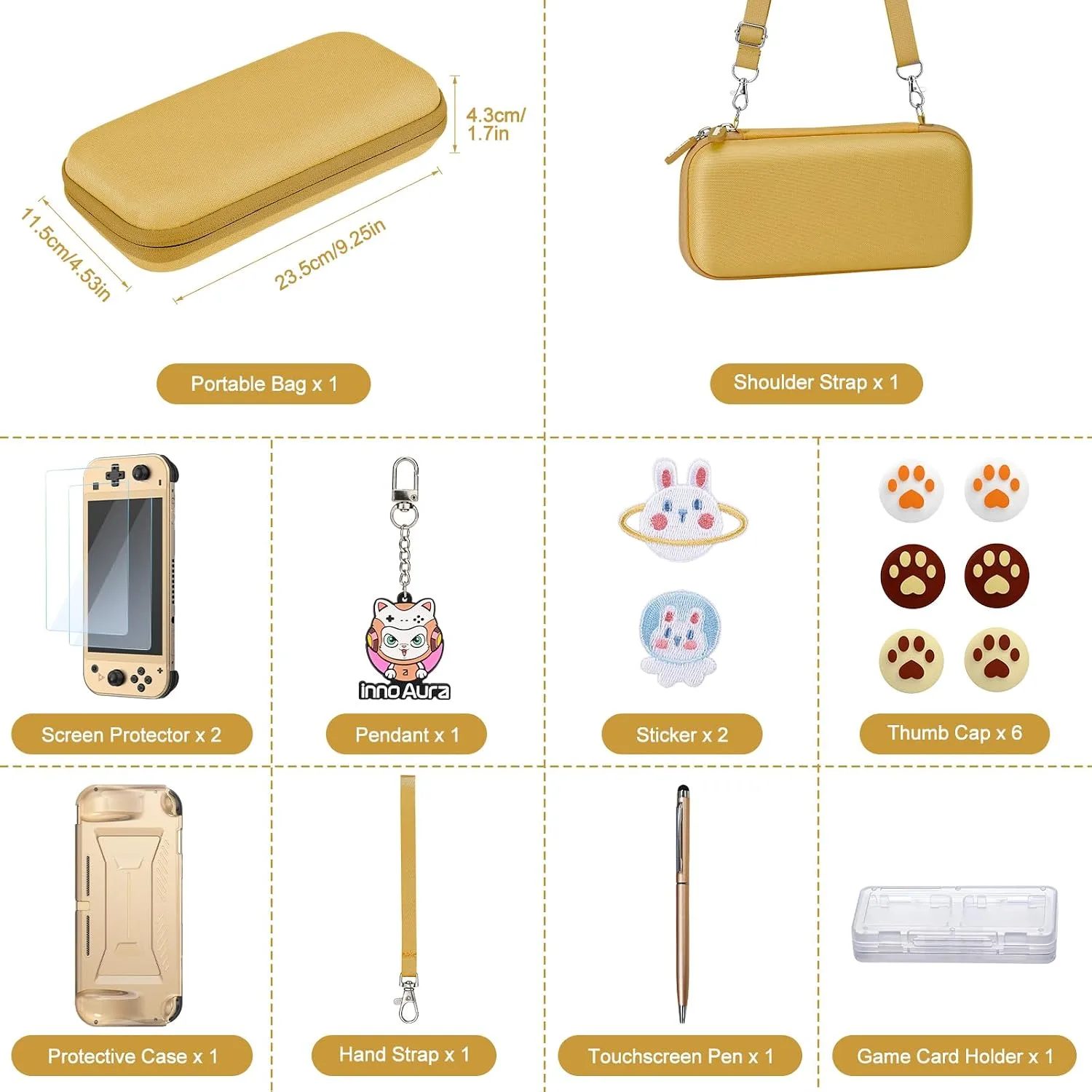 innoAura Switch Lite Case 18-in-1 Accessories Bundle for NS Switch Lite (2019), with Protective Carrying Case, Game Holder, Screen Protector & Cute Thumb Grips, Golden