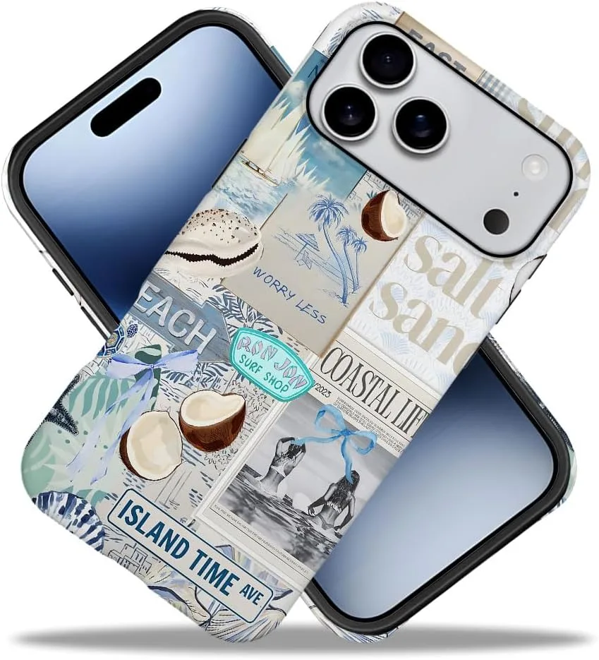 Case Compatible with iPhone 18 Pro Max/iPhone 17 Pro Max,Fall Prevention Hybrid 2-Layer Hard Shell Phone Cover for Girls Boys,Beach Coast Collage