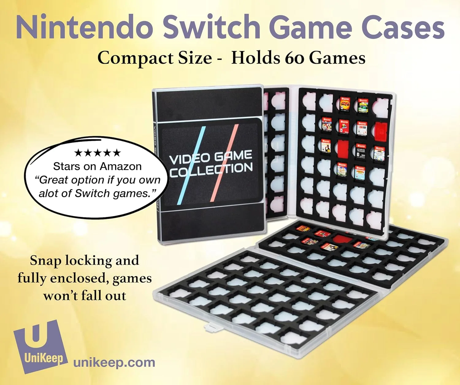UniKeep Game Case for Nintendo Switch Cartridges - Holds 60 Games Securely in Foam (black and stripes)