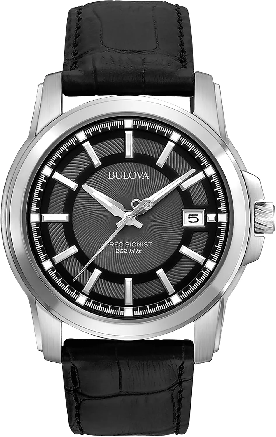 Bulova Men's Precisionist 3-Hand Calendar in Stainless Steel with Black Leather Strap and Black Patterned Dial Style: 96B158