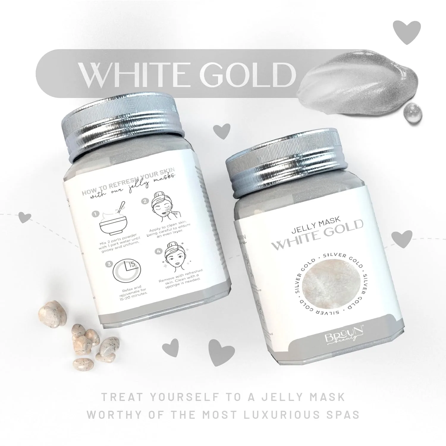 BRÜUN Jelly Mask Jar White Gold Glycolic AC AHA Peel-Off Face Care Rubber Mask | 23 fl oz Skin Care Moisturizing Gel Mask Jar Spa Set