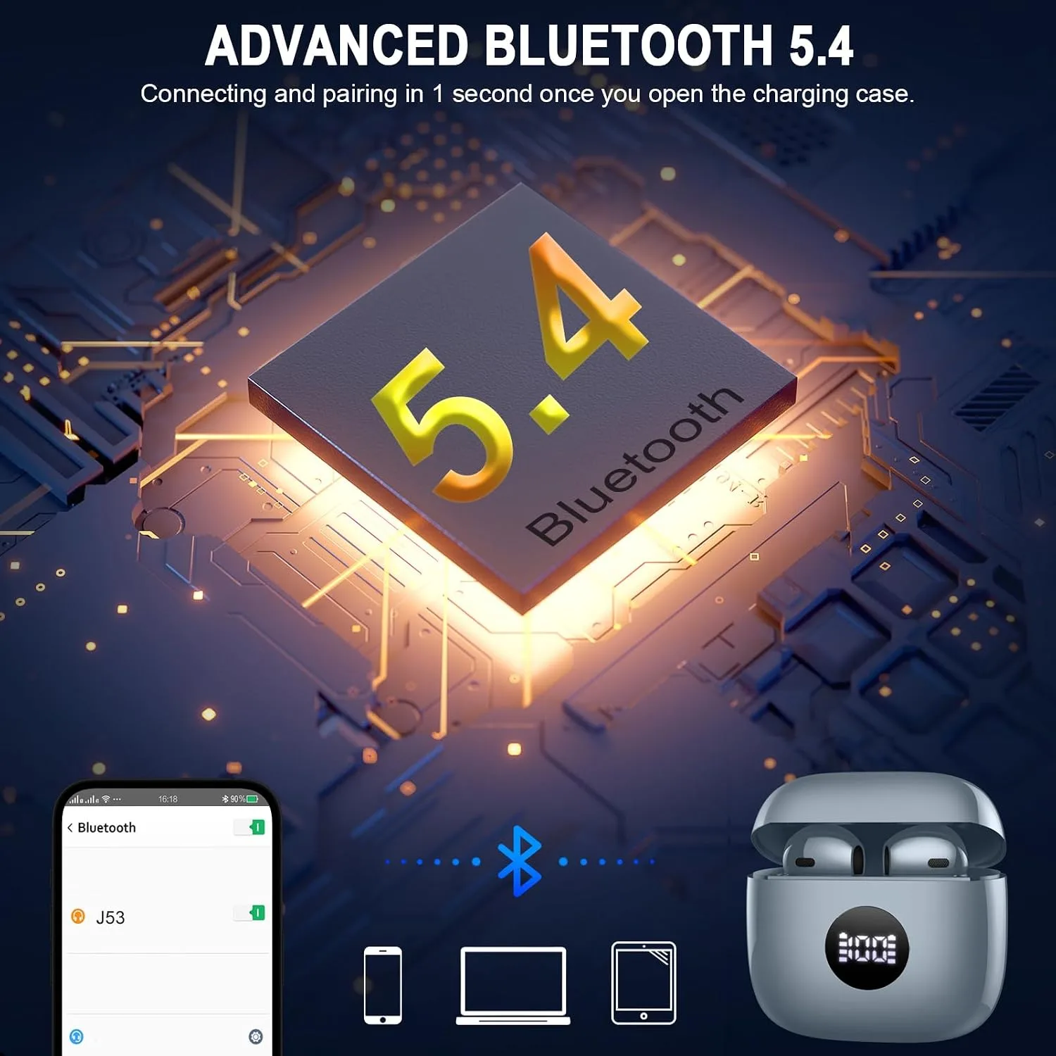 Wireless Earbuds, Bluetooth 5.4 Ear Buds, LED Power Display, 6D Bass Stereo