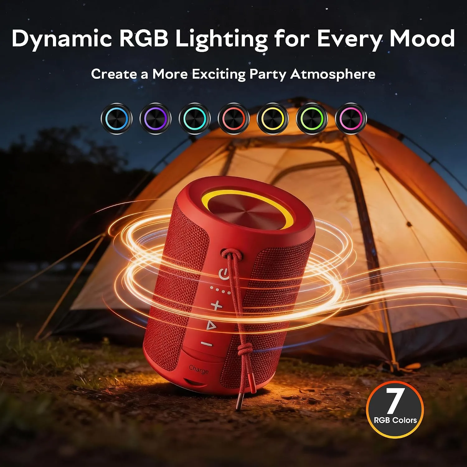 Portable Bluetooth Speaker, IPX7 Waterproof Wireless Speaker with 20W Loud Stereo Sound, 15H Playtime & Beat-Synced RGB Light, Small Outdoor Speaker for Shower, Pool, Beach,Hiking,Gifts(Red)