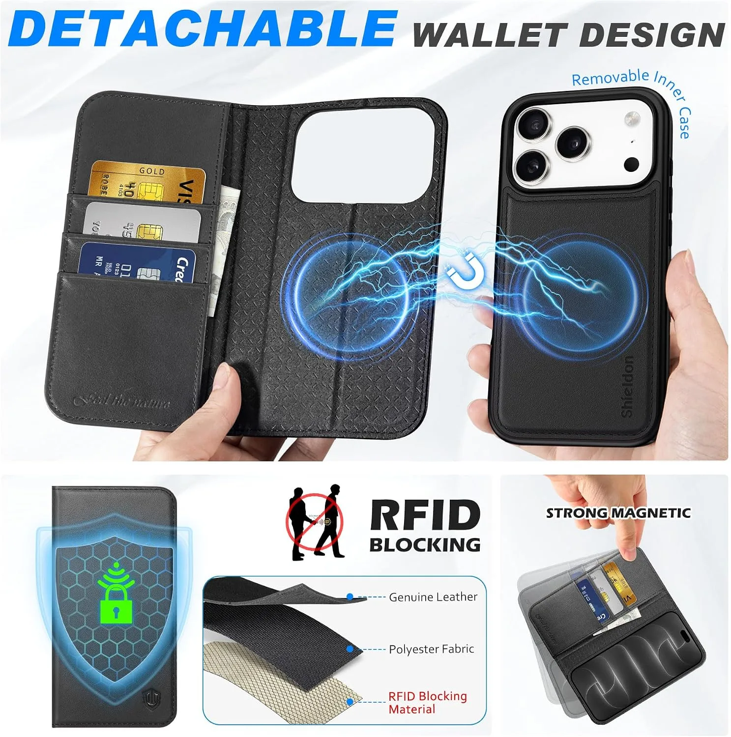 SHIELDON 2 in 1 Leather Wallet Case for iPhone 18 Pro/17 Pro 6.3", Black