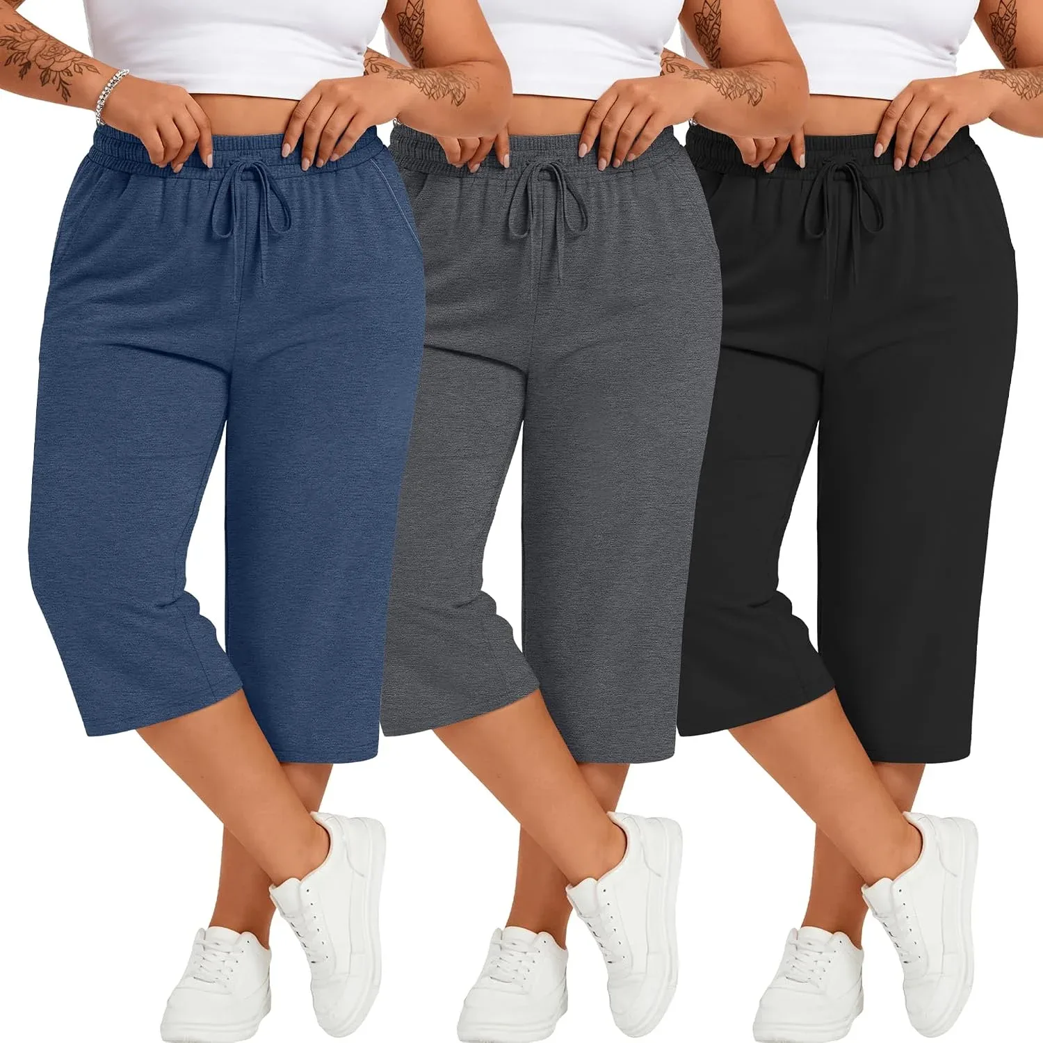 Neer 3 Pack Women's Plus Size Cotton Capris, 3-Color, X-Large