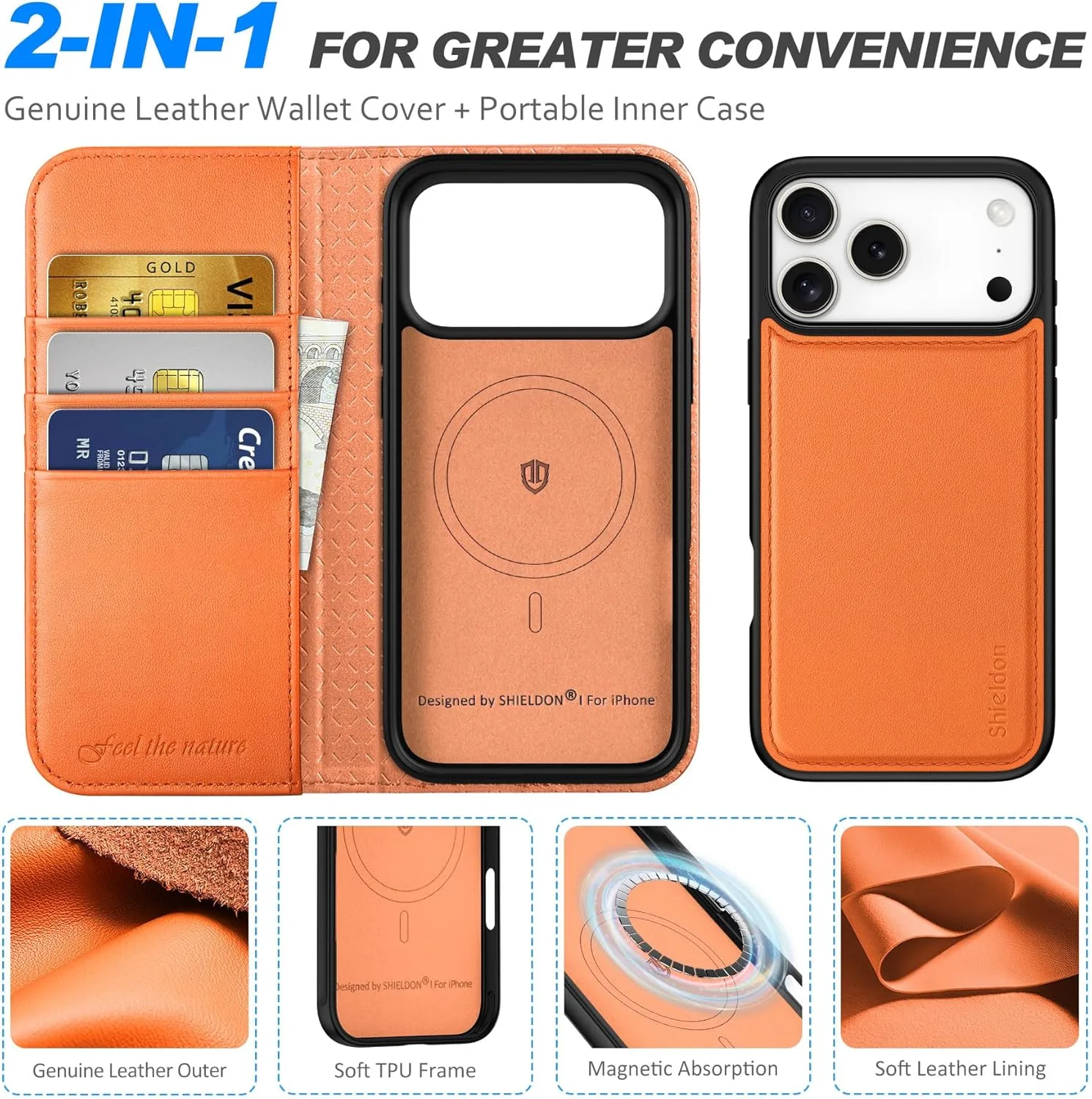 SHIELDON Detachable Wallet Case for iPhone 18 Pro Max/17 Pro Max, Orange