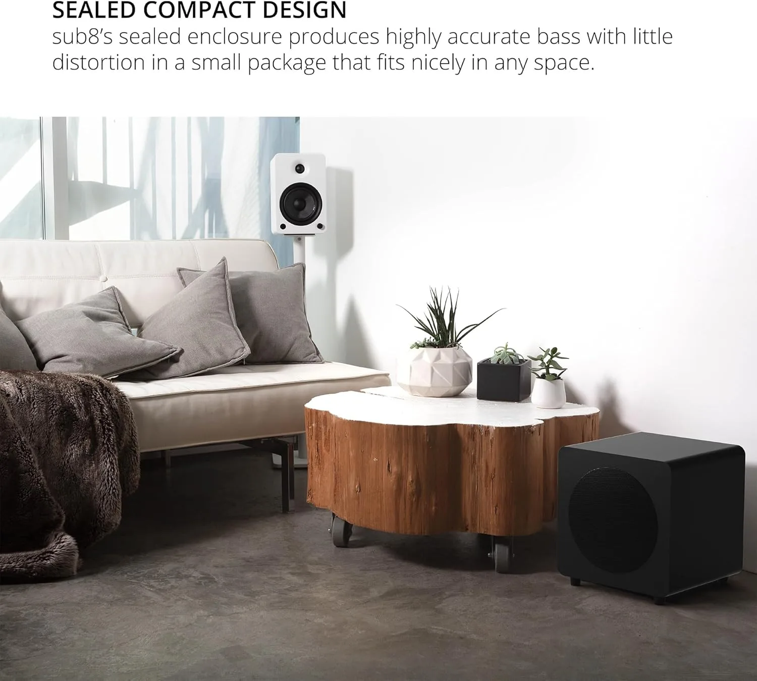 Kanto SUB8VMW Sealed Powered Subwoofer | 300W Peak Power | 8" Woofer | Matte White
