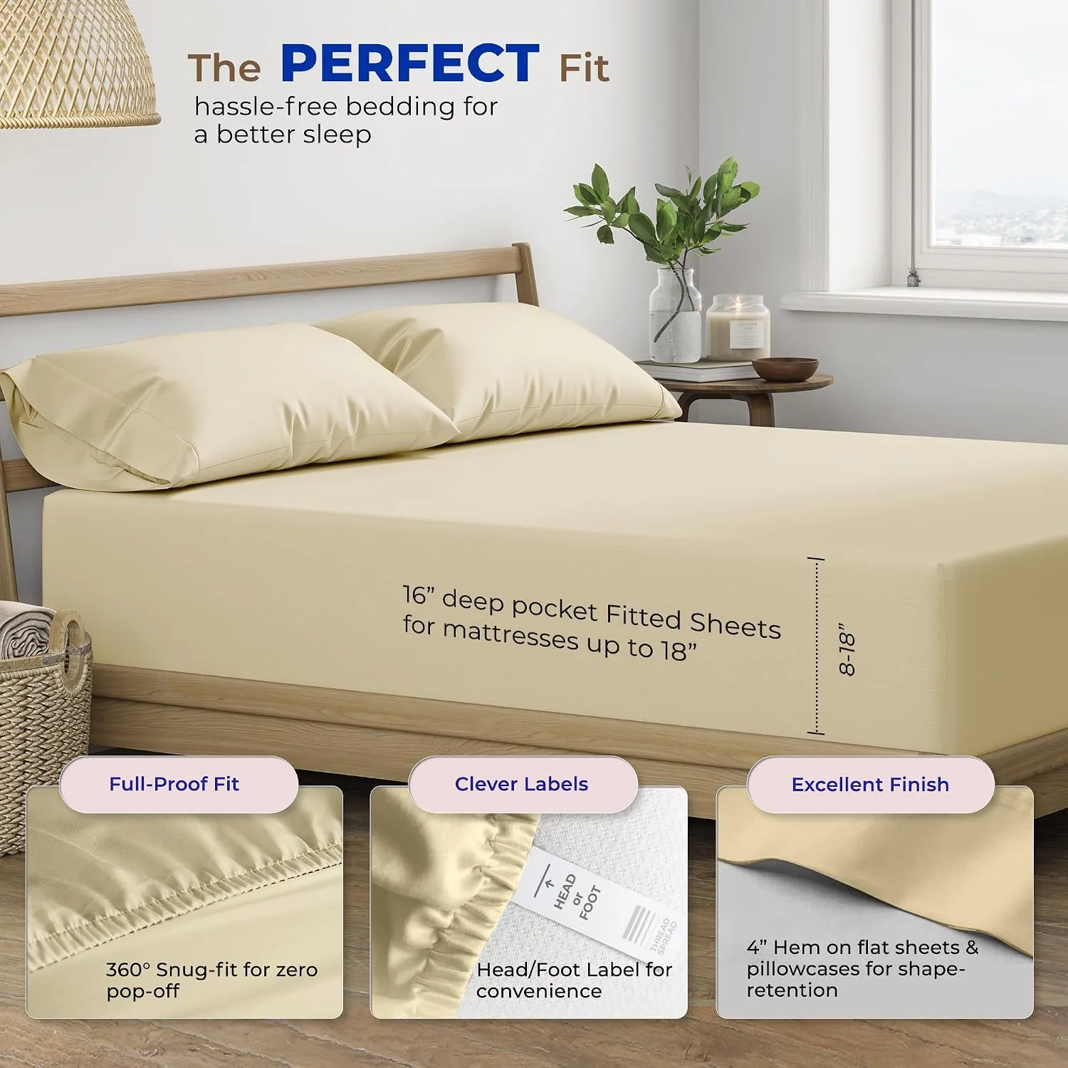 THREAD SPREAD Egyptian Cotton Sheets King Size - Luxury 600 Series King Size Sheets Set (4 PC, Sand), 16" Deep Pocket All Around Elastic, Soft, Cooling, Sateen Weave, Durable Hotel Bed Sheet Sets