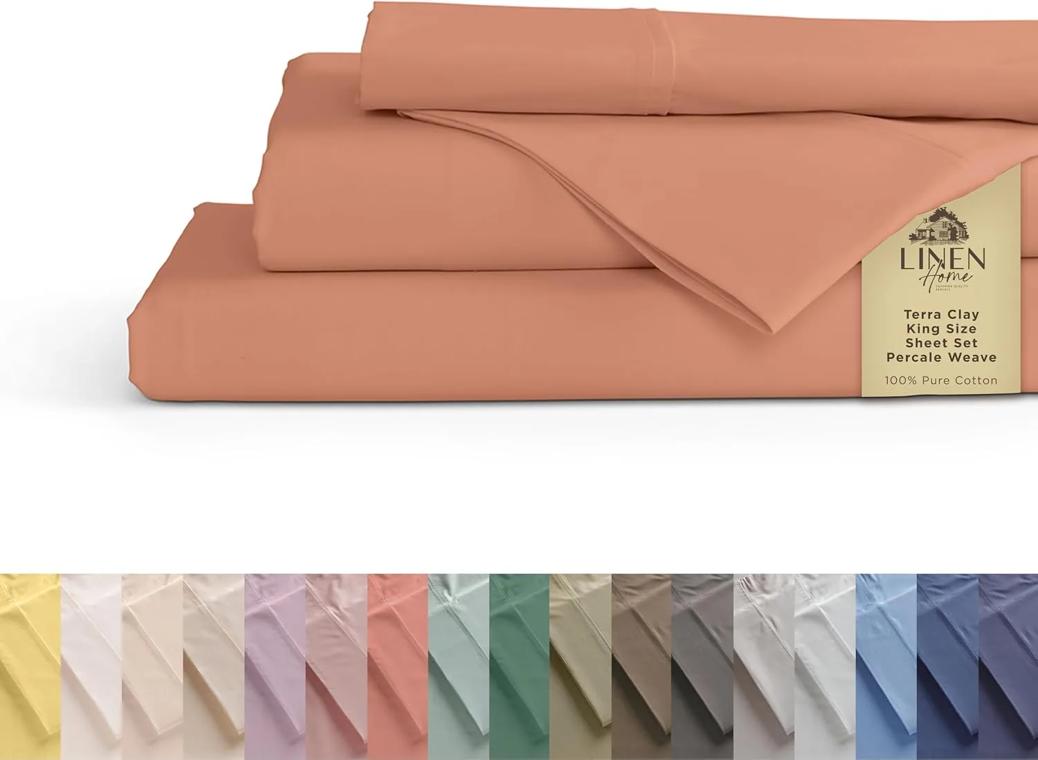 Linen Home 100% Cotton Percale King Sheets, 4 Pc Cooling Set - Tera Clay
