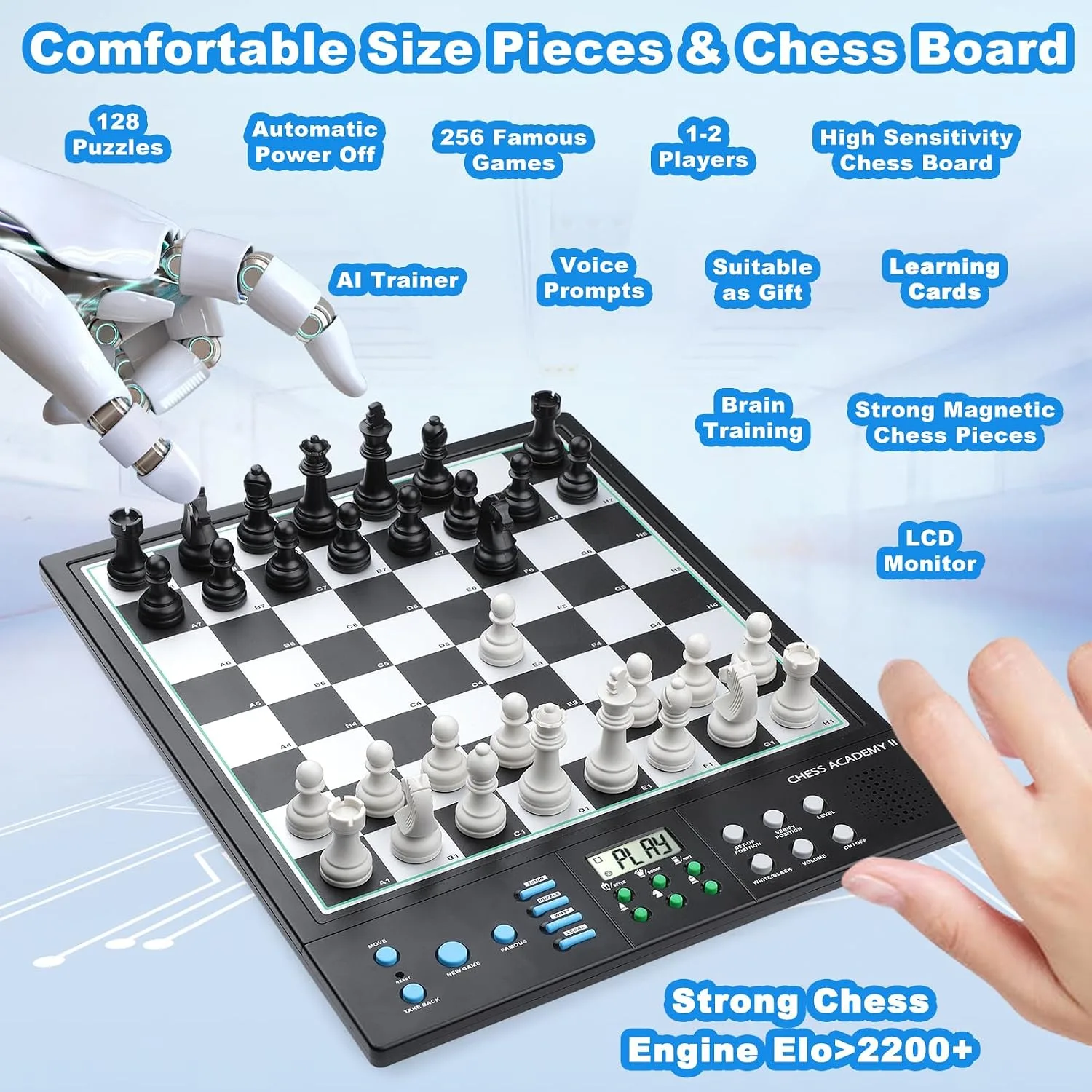 LC2B Advanced Electronic Chess Set with ELO 2200+ Engine & Talking AI Tutor, Comfortable Size Electronic Chess Board Perfect for Chess Lovers, Smart Computer Chess Game Set with Strong Magnet(Black)