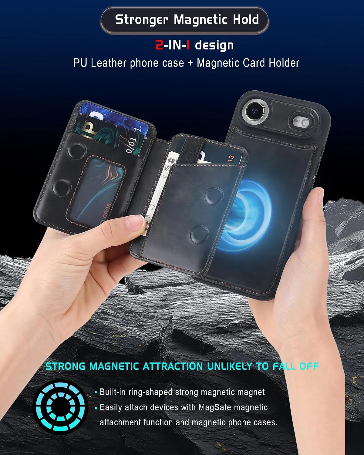 Magnetic Detachable Wallet Case for iPhone 17 Air with Kickstand,2-in-1 MagSafe Compatible RFID Blocking Card Holder,Slim PU Leather Cover Black
