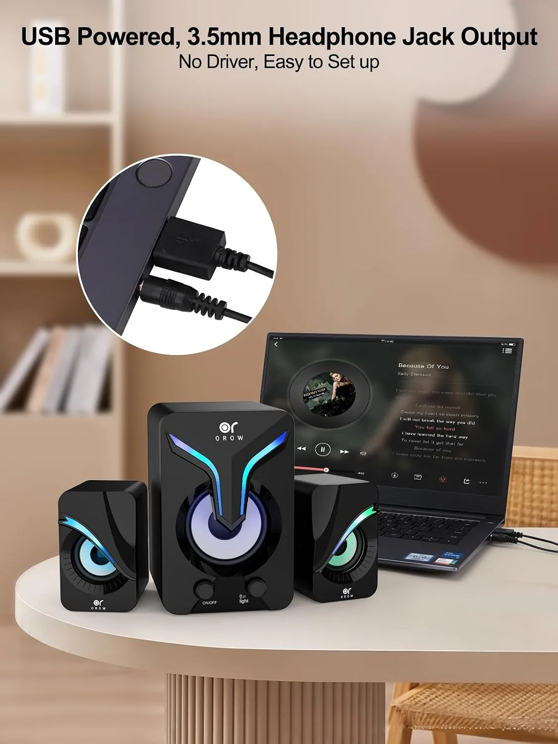 OR O R O W Computer Speakers,Mini PC Speakers with Subwoofer,2.1 Desktop Speaker with RGB Lights,USB Powered, Stereo Sound,Gaming Speakerwith 3.5mm Aux Cable for Monitor/Laptop/Tablet(S212)