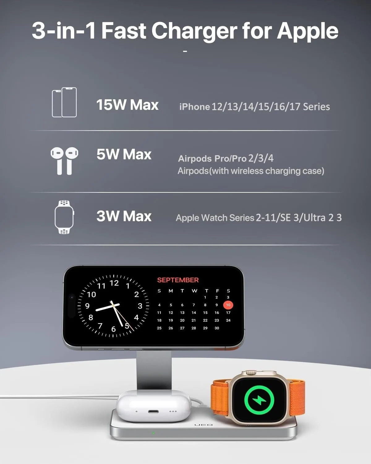UEQ Foldable 3 in 1 Wireless Charging Station for Apple Magsafe Charger Stand,Fast Magnetic Wireless Charger Station for iPhone 18 Pro Max 17 Air 16 15 14 13 12 Series,Apple Watch,AirPods(White)