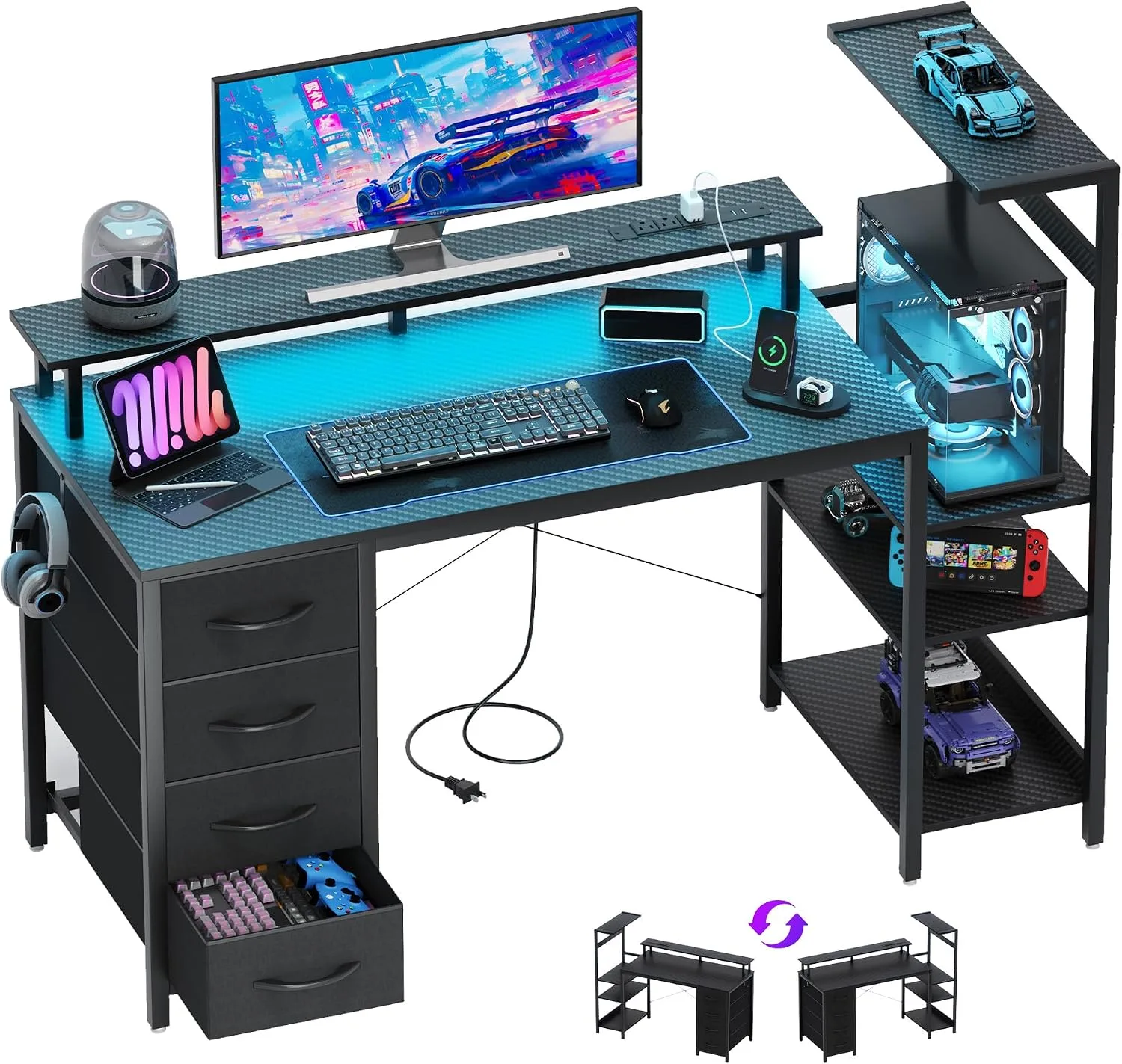 Escritorio para gaming Youdenova 130 cm con cajones, soporte para torre y luces LED, negro