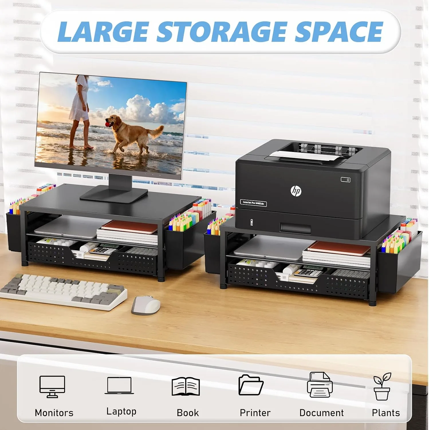 OPNICE Desk Organizer, Monitor Stand Riser with Drawer and 2 Pen Holders