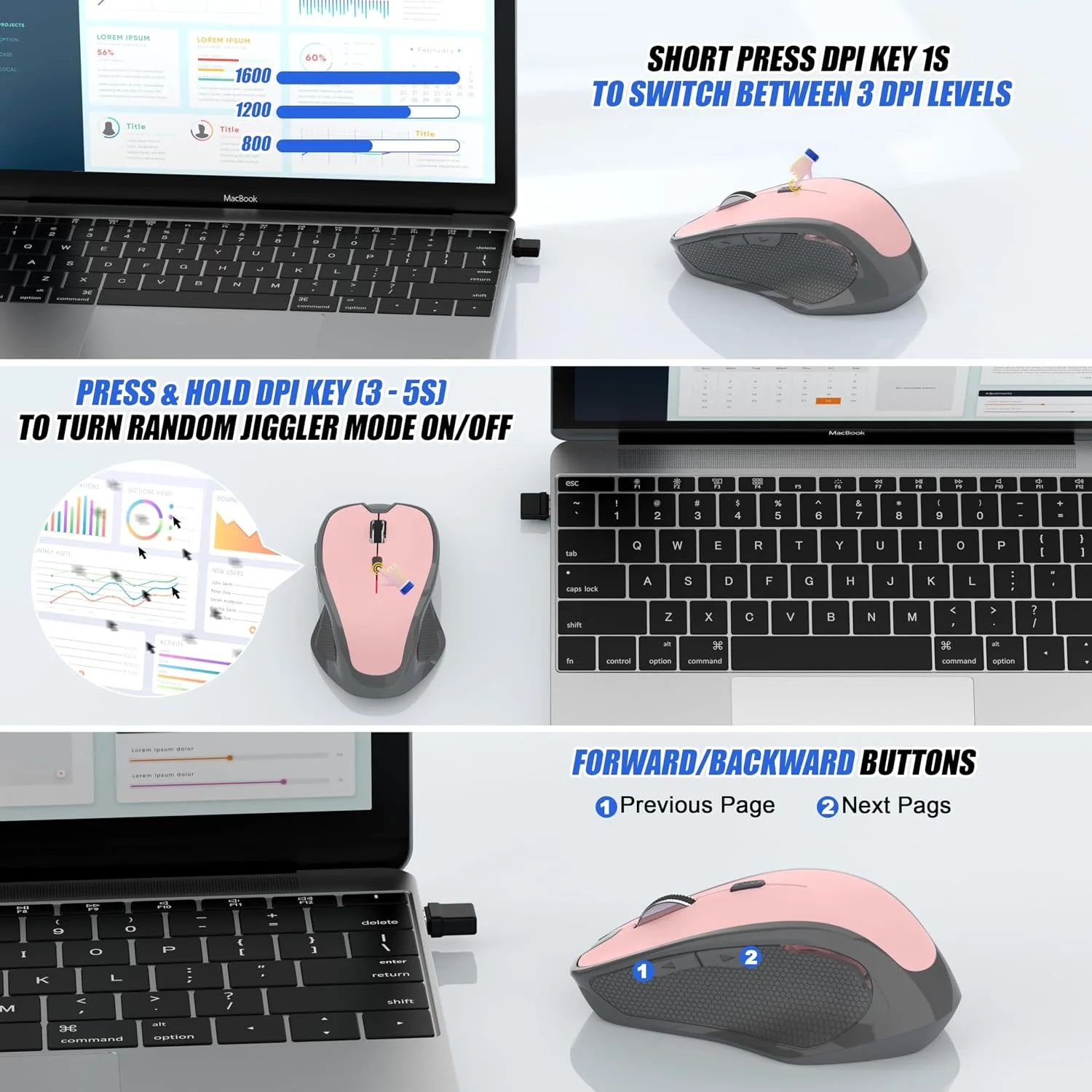 Bluetooth Wireless Mouse for Mac MacBook Air iPad Pro PC, Ergonomic Rechargeable Computer Mouse with Jiggler Mode, 3 DPI Levels & Forward/Back Buttons Laptop Mice for Office/Home/School, Pink