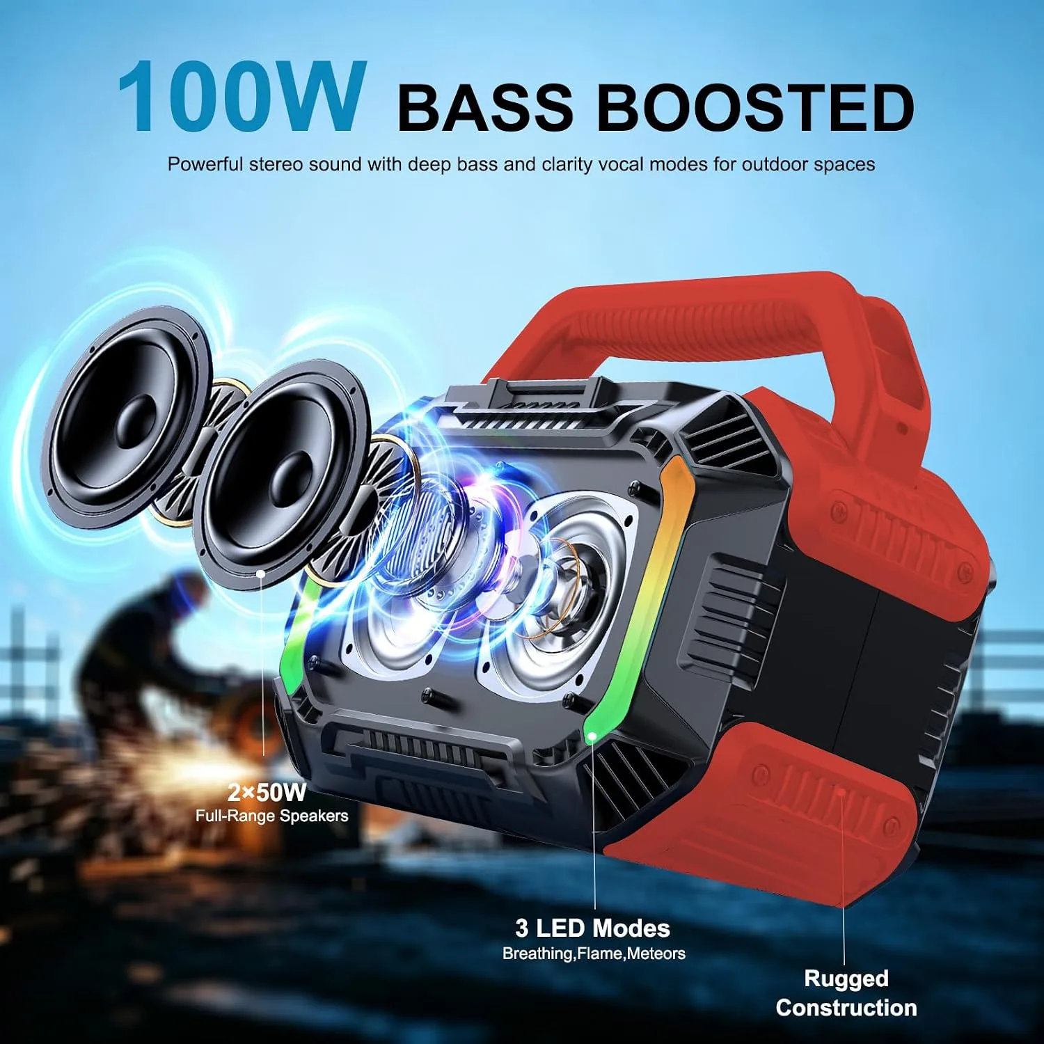 Speakers Bluetooth Wireless, 100W Portable Bluetooth Speaker with Bass, IPX7 Waterproof & Floatable, 20H Playtime, RGB Light, Loud Speakers with TWS for Work, Outdoor, Garage (L-Red)