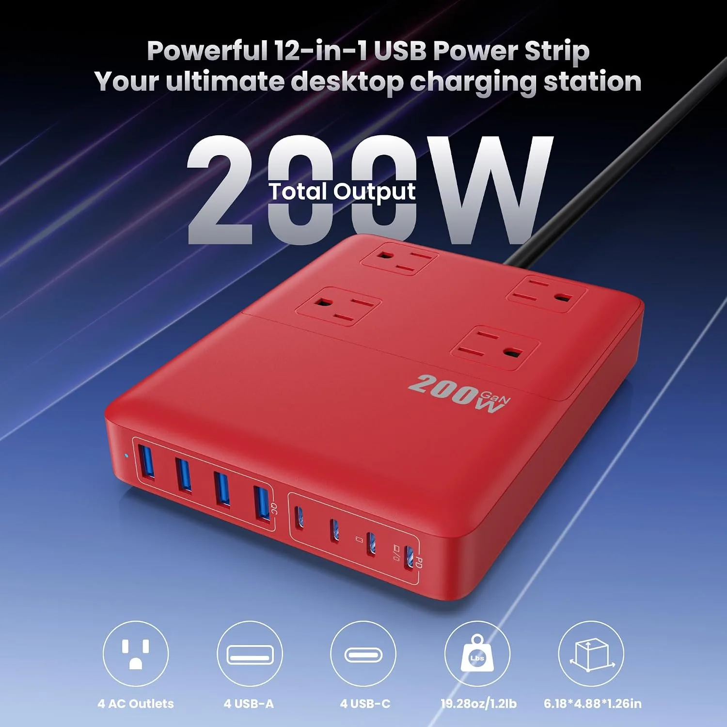 200W Charging Station,12-in-1 USB C Power Strip with Flat Plug and 5ft Extension Cord,4 AC Outlets,4 USB-A,4 USB-C Ports for iPhone 17/16/15,65W PD Fast Laptop Charger for MacBook,Home,Office (Red)