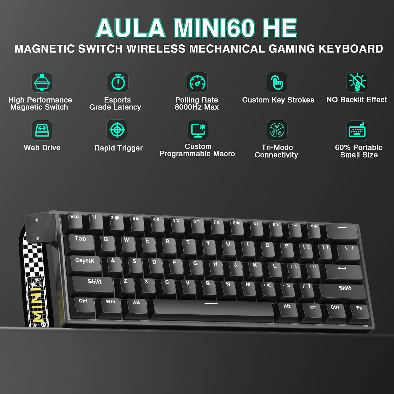 Aula MINI60 HE Wireless Gaming Keyboard 60%,Hall Effect Rapid Trigger Magnetic Keyboard,8000Hz Polling,Tri-Mode(BT5.0/2.4GHz/USB-C),Hot Swappable Compact Mechanical Keyboard for Gamer(Black)
