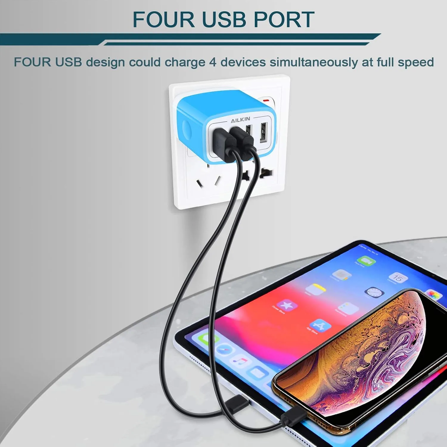 USB Charger Cube, Wall Charger Plug, AILKIN 4.8A 4-Muti Port USB Adapter