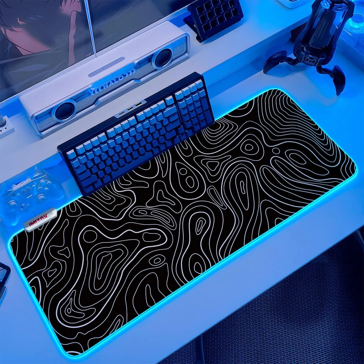 JMIYAV White Gaming Mouse Pad RGB Mousepad 31.5x12In Non-Slip Rubber Base Extra Large Cool XL XXL Computer Desk Pad Gaming Accessories Setup LED Light Up Big Mouse Pad for Gamer Topographic Black