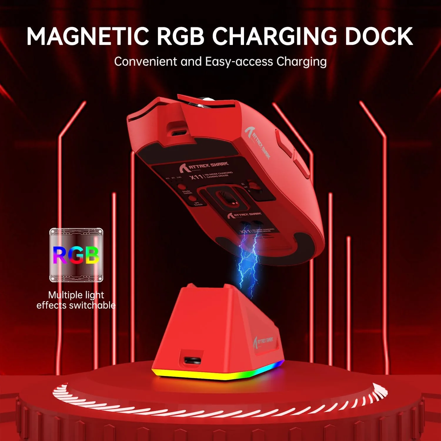 ATTACK SHARK X11 Wireless Gaming Mouse, PAW3311 Sensor, Lightweight, RGB Charging Dock, 22,000 DPI, Tri-Mode Connectivity, 5 Programmable Buttons - Red