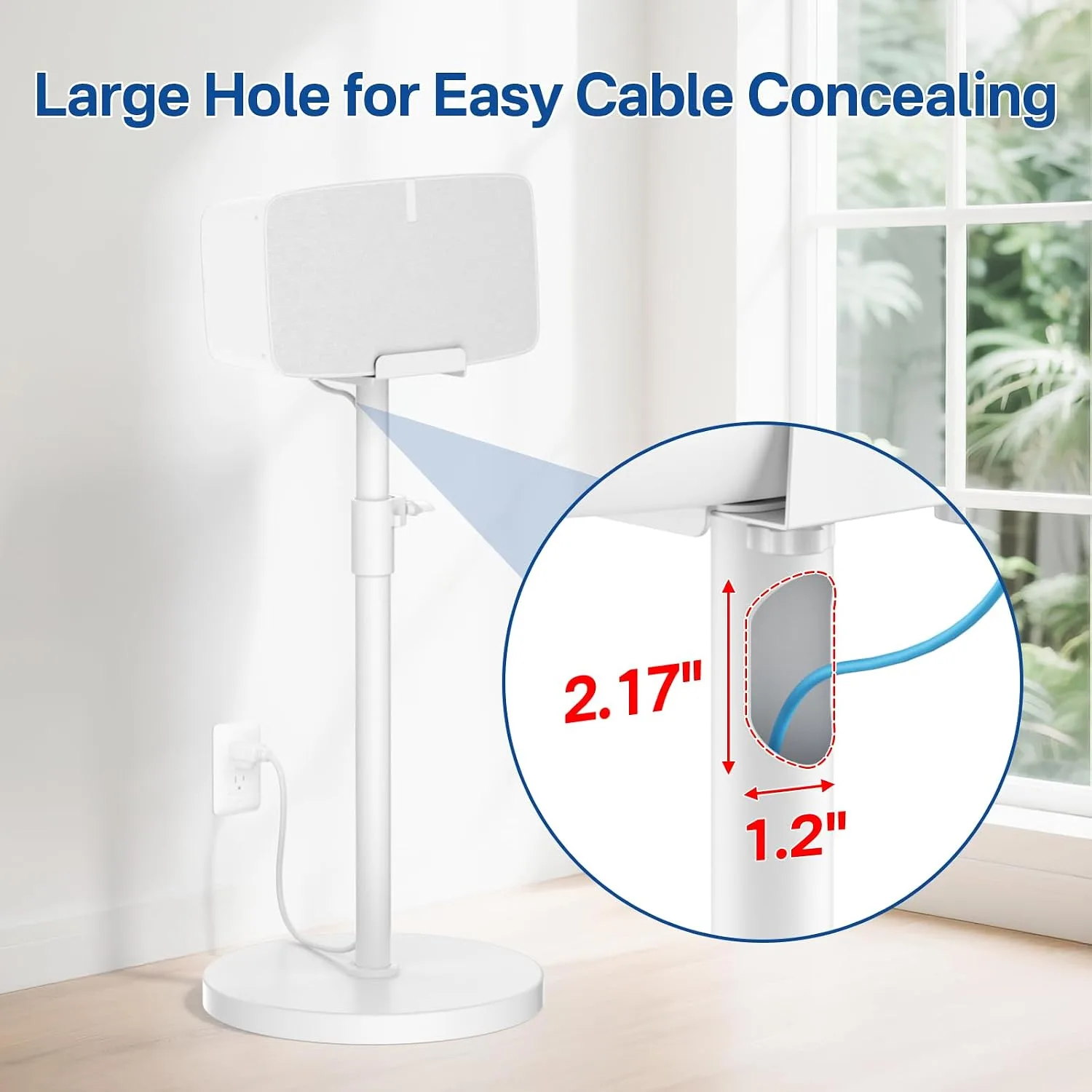 Height Adjustable Floor Speaker Stand for Sonos Five & Play:5, Vertical or Horizontal Placement, Metal Sonos 5 Speaker Stand with Cable Management (White, 1 Pack)