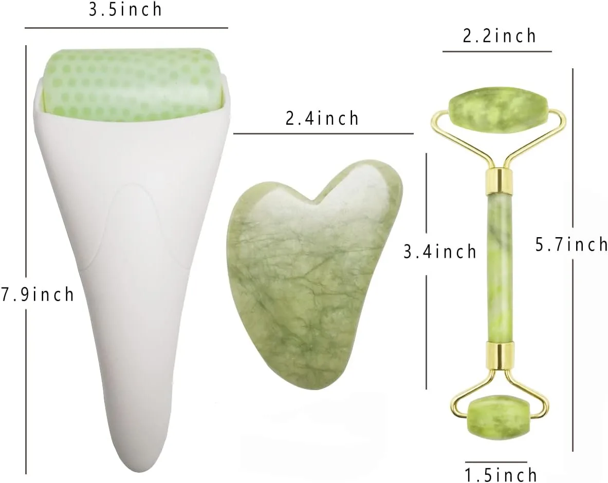 3 in 1 Ficial Face Ice Jade Roller and Gua Sha Tool, Natural Real Jade Anti-Wrinkle Face Eye Neck Massager Tool, Reduce Wrinkles, Puffiness, Migraine, Redness, Pain and Injury