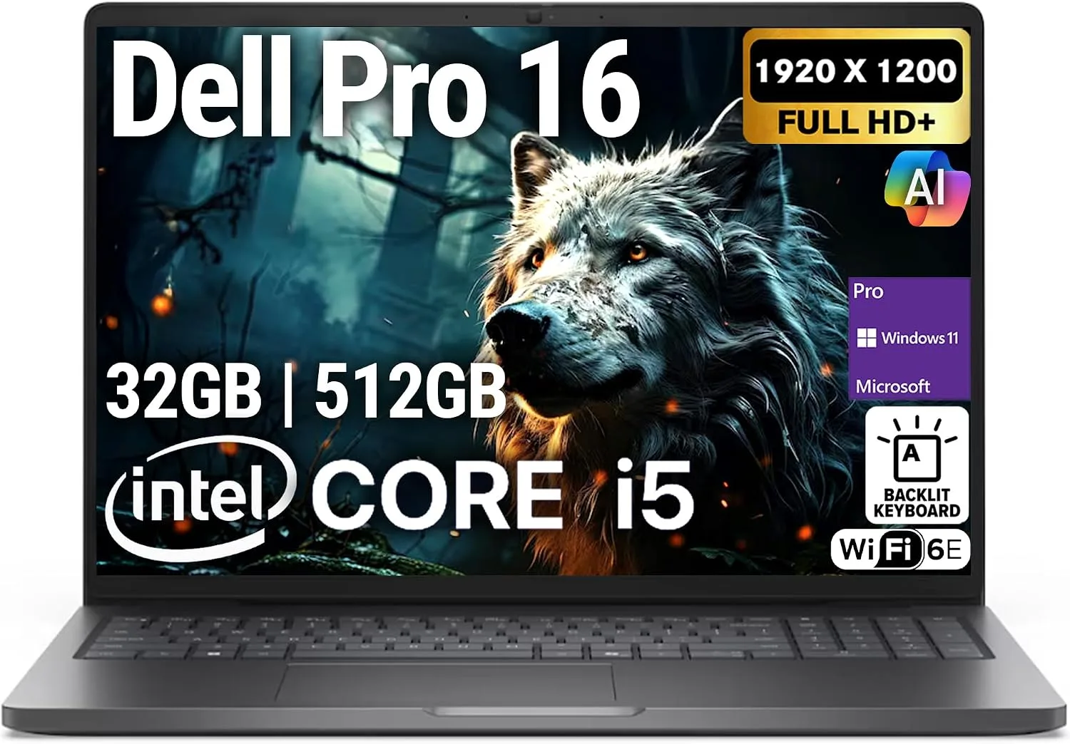 Dell Pro 16 PC16250 (Replaces Latitude 3550) 16” WUXGA Display Business Laptop, Intel i5-120U, 32GB DDR5 RAM, 512GB SSD PCIe, WiFi 6E + BT, RJ-45, Backlit Keyboard, HD Webcam, Windows 11 Pro - Black