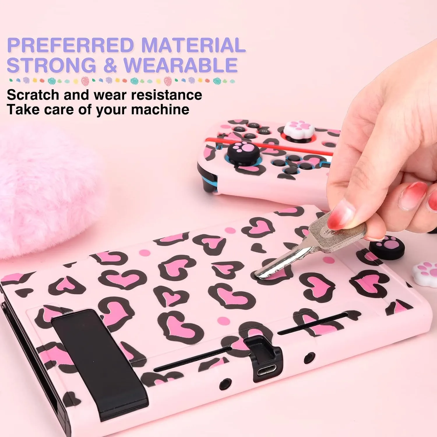 DLseego Pink Love Leopard Carrying Case for Switch, Cute Silicone Protective Shell Soft Cover with 4PCS Thumb Grip Caps and Pink Plush Heart Pendant Hard Storage Case Accessories Kit Bundle for Girls