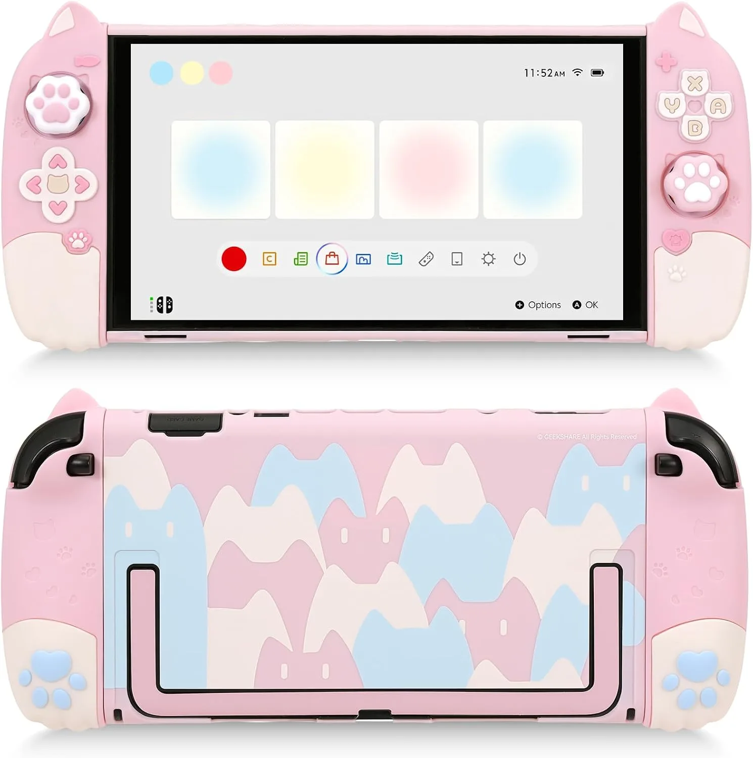 Geekshare Protective Case Set Compatible with Switch 2, PC Back Plate with Silicone Joysticks Covers, Includes 2 Thumb Grips, Waterproof Protection (Pink Cat, for Switch 2)