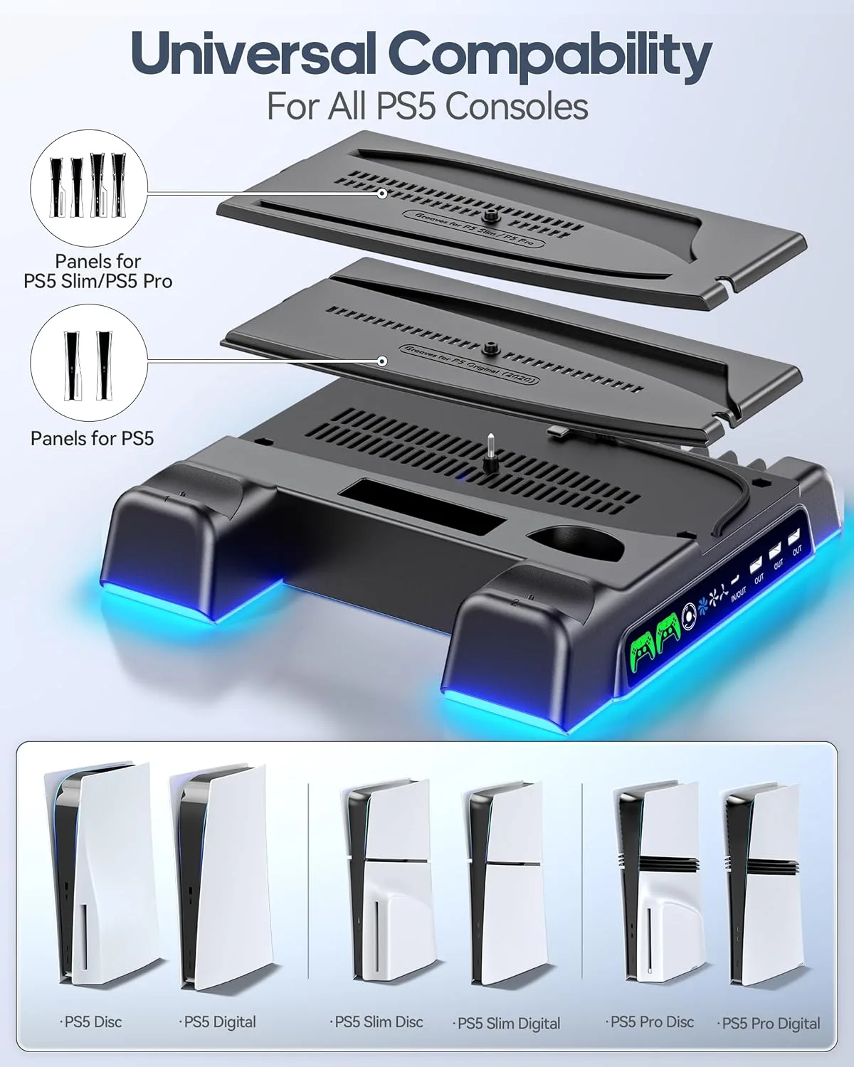 PS5/Slim/Pro Stand and Cooling Station with LED Controller Charging Station for PlayStation 5 Console, Controller Charger, Cooling Stand, PS5/Slim/Pro Accessories Kit with 3 Level Cooling Fan - Black