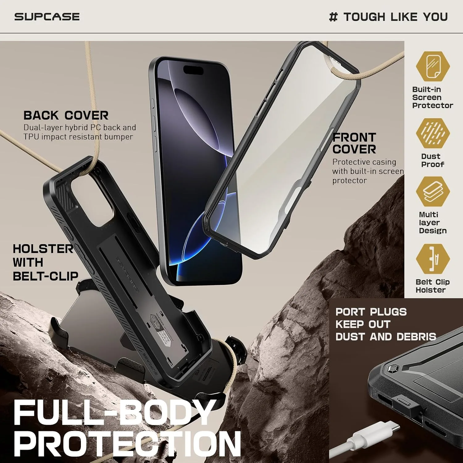 SUPCASE for iPhone 16 Pro Max Case with Screen Protector & Stand, Black