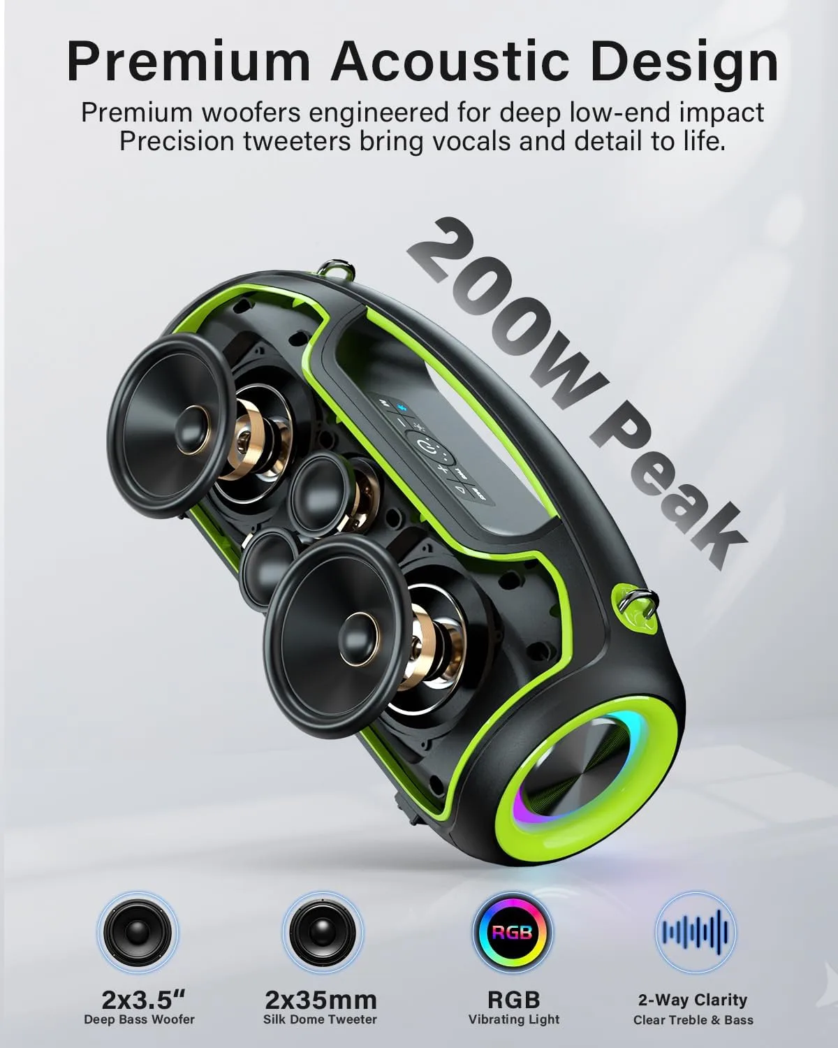 Bluetooth Speaker, 200W Peak Portable Speakers Wireless w/Bass Boost