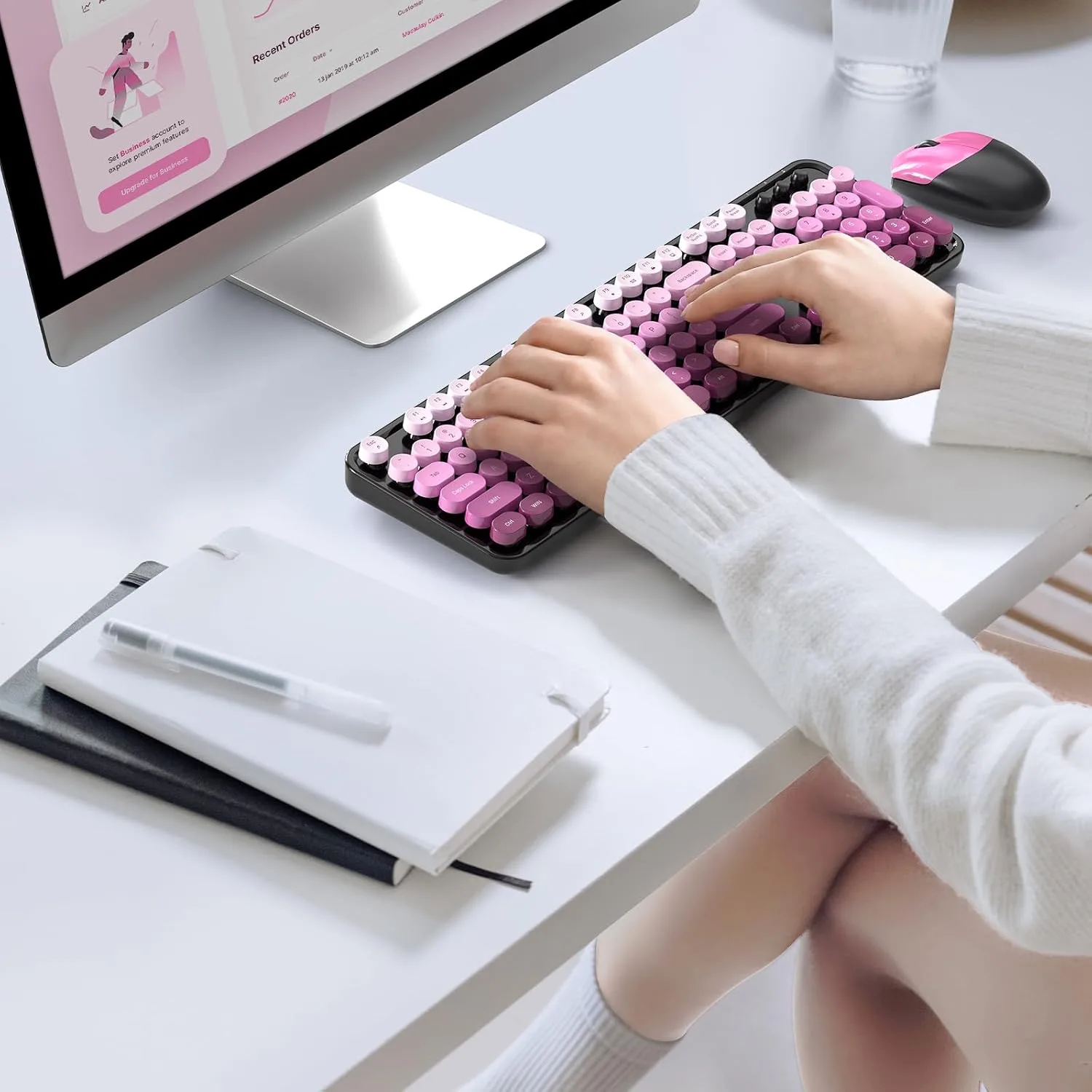 MOFII Wireless Keyboard and Mouse Combo, Full Size 2.4G Plug and Play Typewriter Retro Round Computer Keyboard and Mouse Set for Windows, Computer, Desktop, PC, Notebook - (Black Pink Gradient)