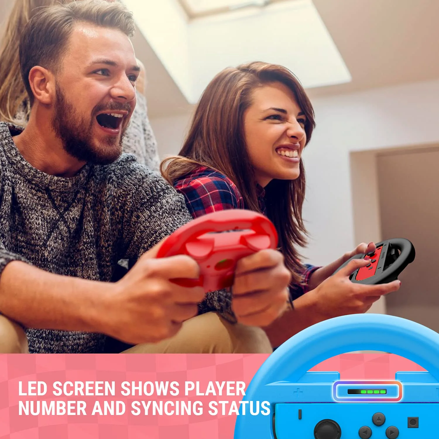 Orzly Steering Wheels Compatible with Nintendo Switch 2 (2025 Console) Twin Pack Racing Wheel Accessories for Joy Con Controllers and MarioKart Racing Games (1 Red 1 Blue) Gift Boxed