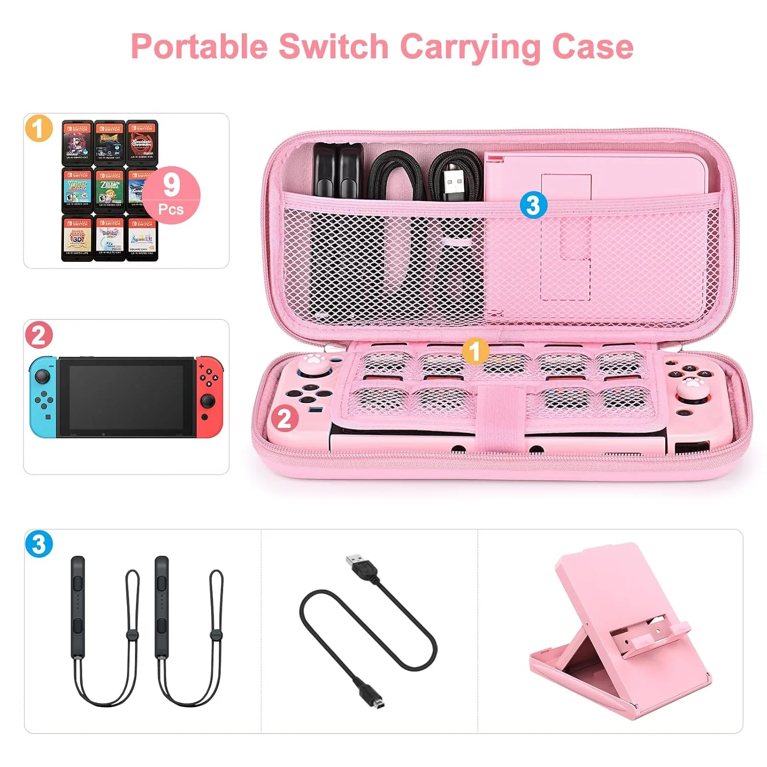 Younik Switch Accessories Bundle, 17 in 1 Pink Switch Accessories Kit for Girls Include Switch Carrying Case, Adjustable Stand, Protective Case for Switch Console & J-Con Pink