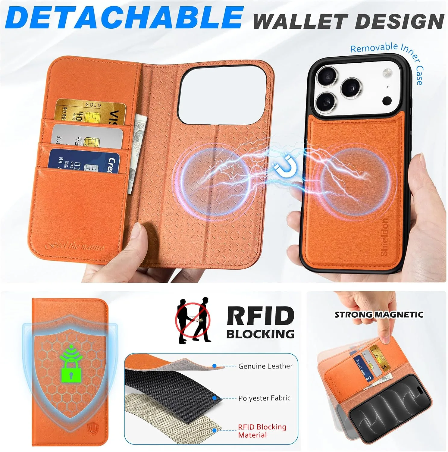 SHIELDON Removable Leather Wallet Case for iPhone 18 Pro/17 Pro, Orange