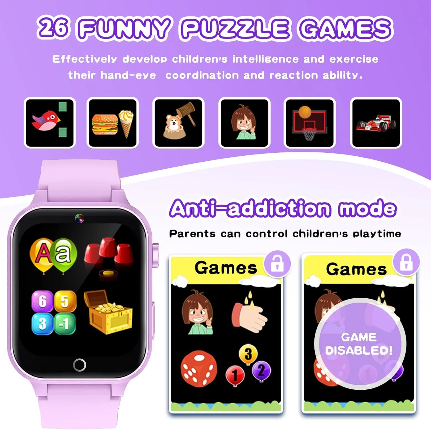 Kids Smart Watches Girls Age 5-12, 26 Games High-Resolution Touchscreen Kids Watch with Video Camera Music Player Pedometer Flashlight 12/24 hr Educational Toys Birthday Gifts for Girls Ages 6 7 8