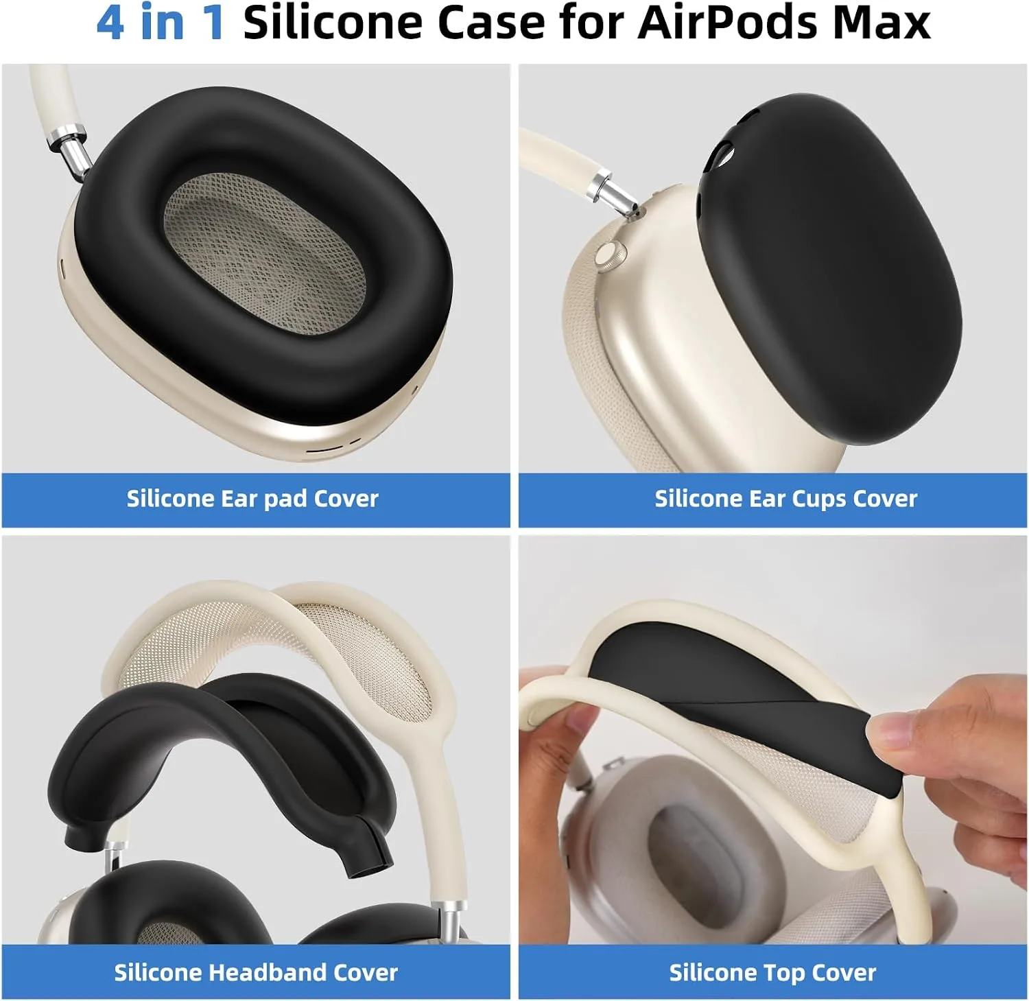 4 in 1 Silicone Case Cover for AirPods Max 2/ AirPods Max Headphones, Black