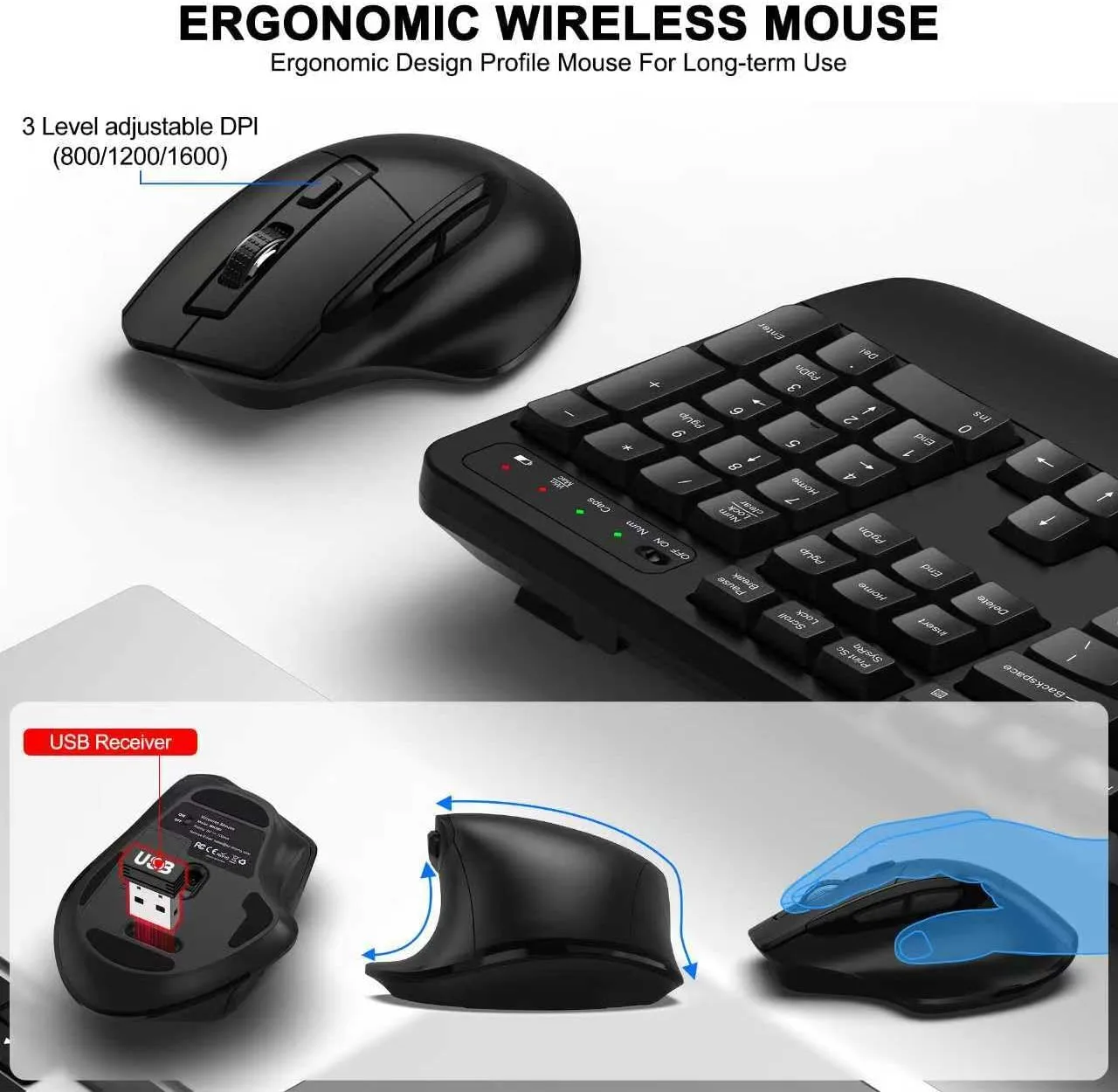 Wireless Keyboard and Mouse Combo, 2.4G Ergonomic Wave Keys(Black)
