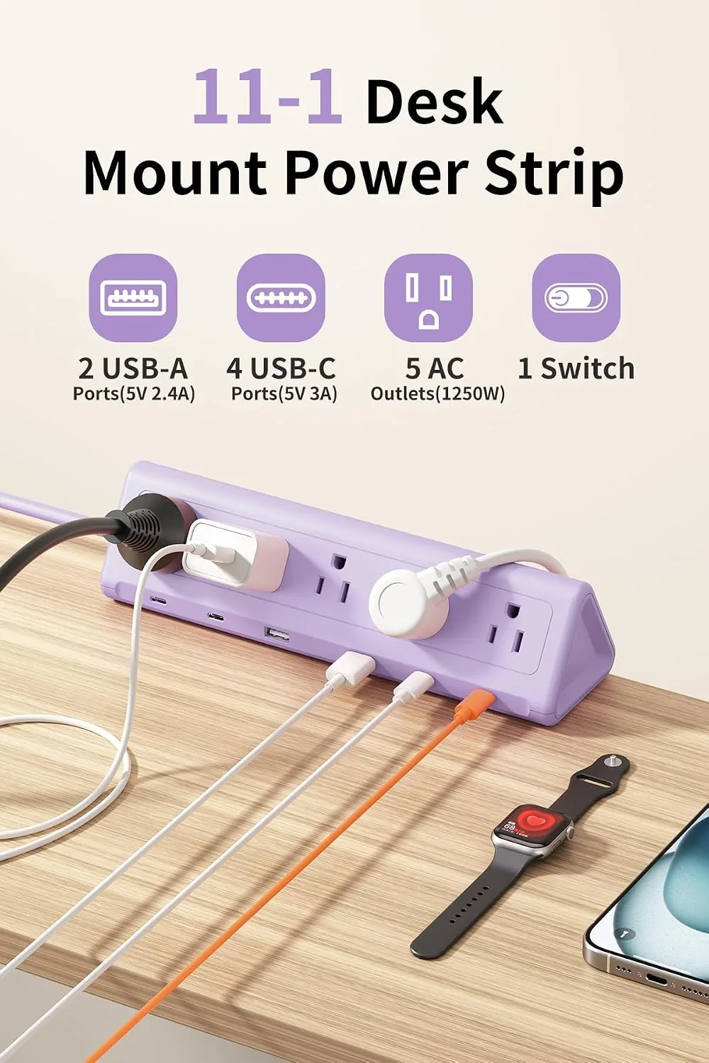AnnTane Desk Clamp Power Strip USBC, 40W Fast Charging, 6.5 Ft, Purple
